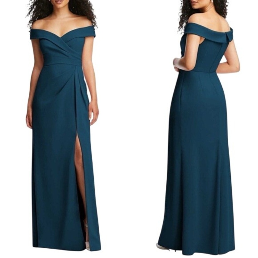 After Six 6872 Off Shoulder Maxi Dress Atlantic Blue Size 4R Bridesmaid Gown